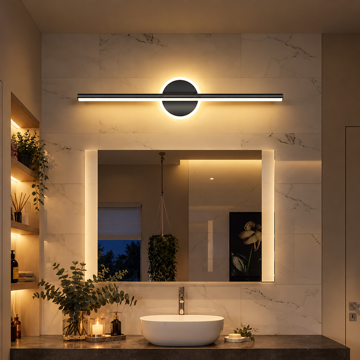 Above the mirror or beside it