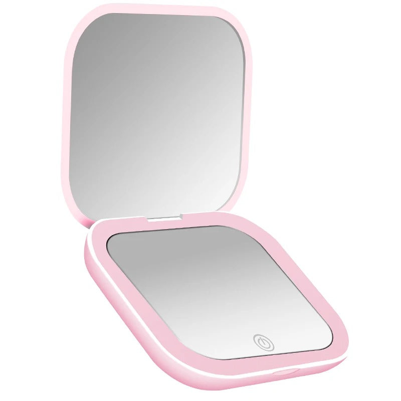 Pink foldable compact mirror with touch control