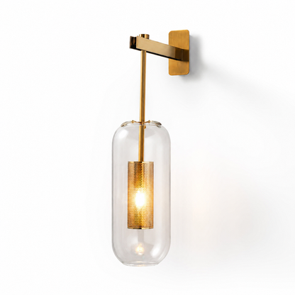 Gold Tone Glass Wall Light with Hanging Cylinder Shade