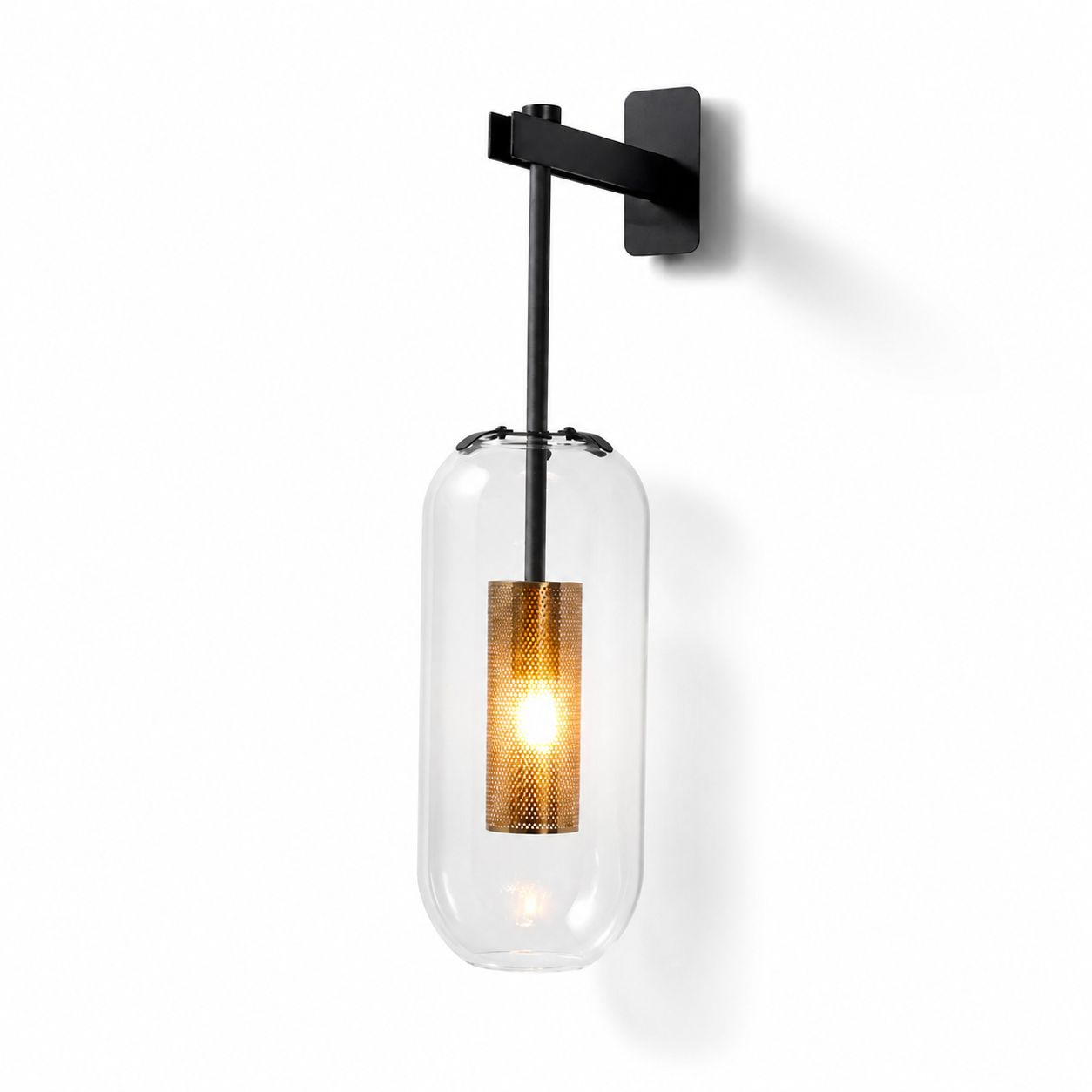 Gold Tone Glass Wall Light with Hanging Cylinder Shade
