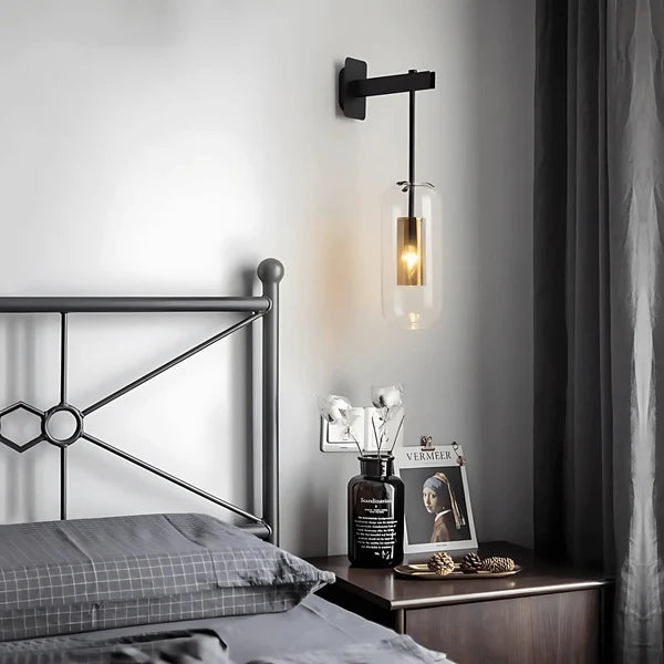 Gold Tone Glass Wall Light with Hanging Cylinder Shade