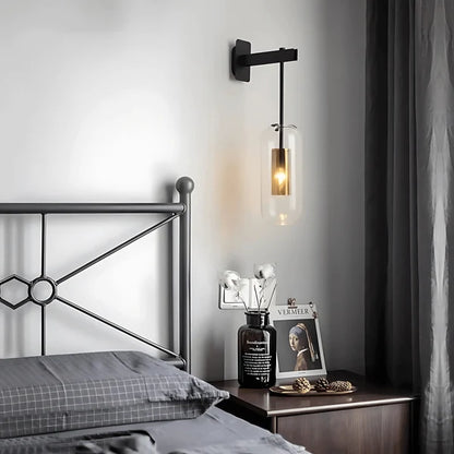 Gold Tone Glass Wall Light with Hanging Cylinder Shade
