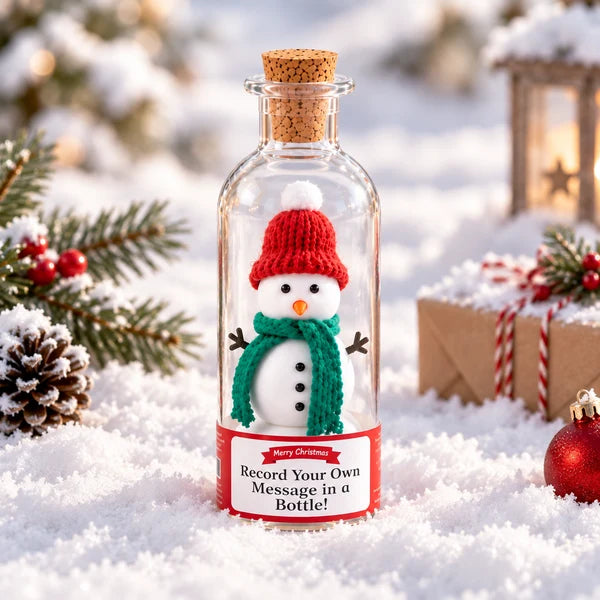 Hand lifting the cork from a recordable Christmas bottle ornament