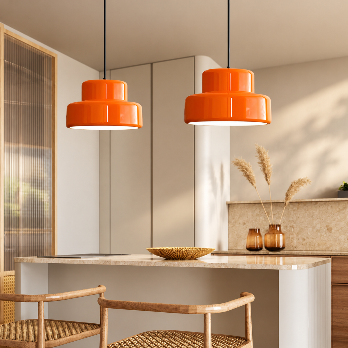 Bauhaus orange pendant light with two-tier iron shade