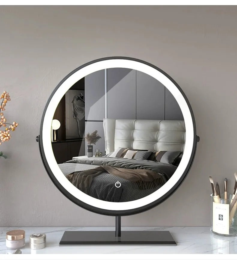 Round tabletop mirror with LED ring and stand