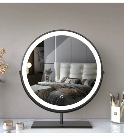 Round tabletop mirror with LED ring and stand