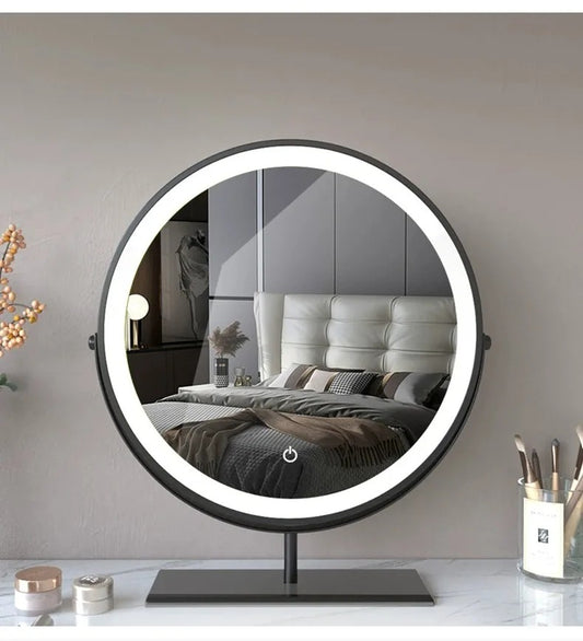 Round tabletop mirror with LED ring and stand