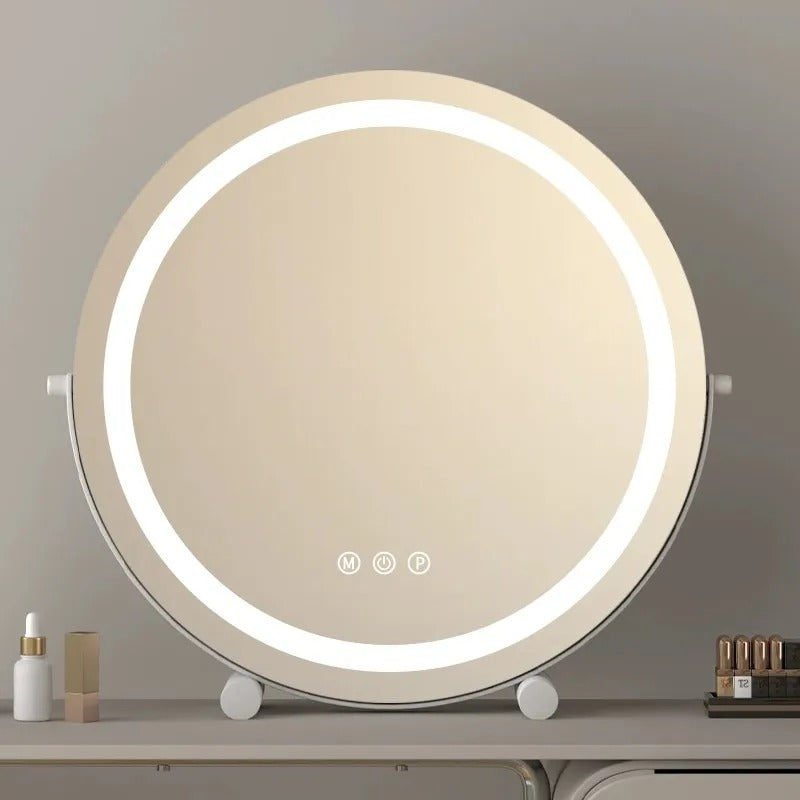 Round tabletop mirror with LED light ring