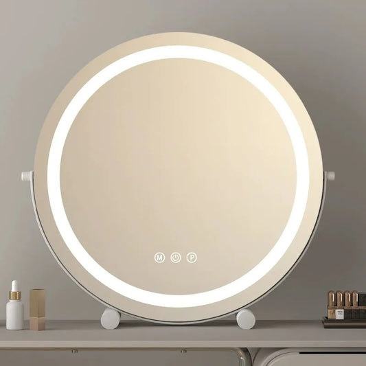 Round tabletop mirror with LED light ring