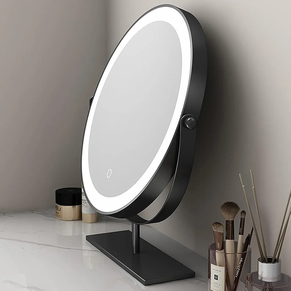 Round tabletop mirror with LED ring and stand