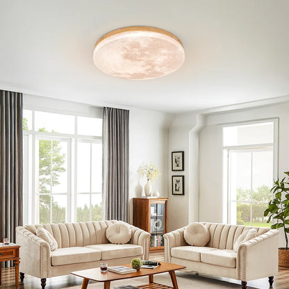 Round LED ceiling light with wood frame
