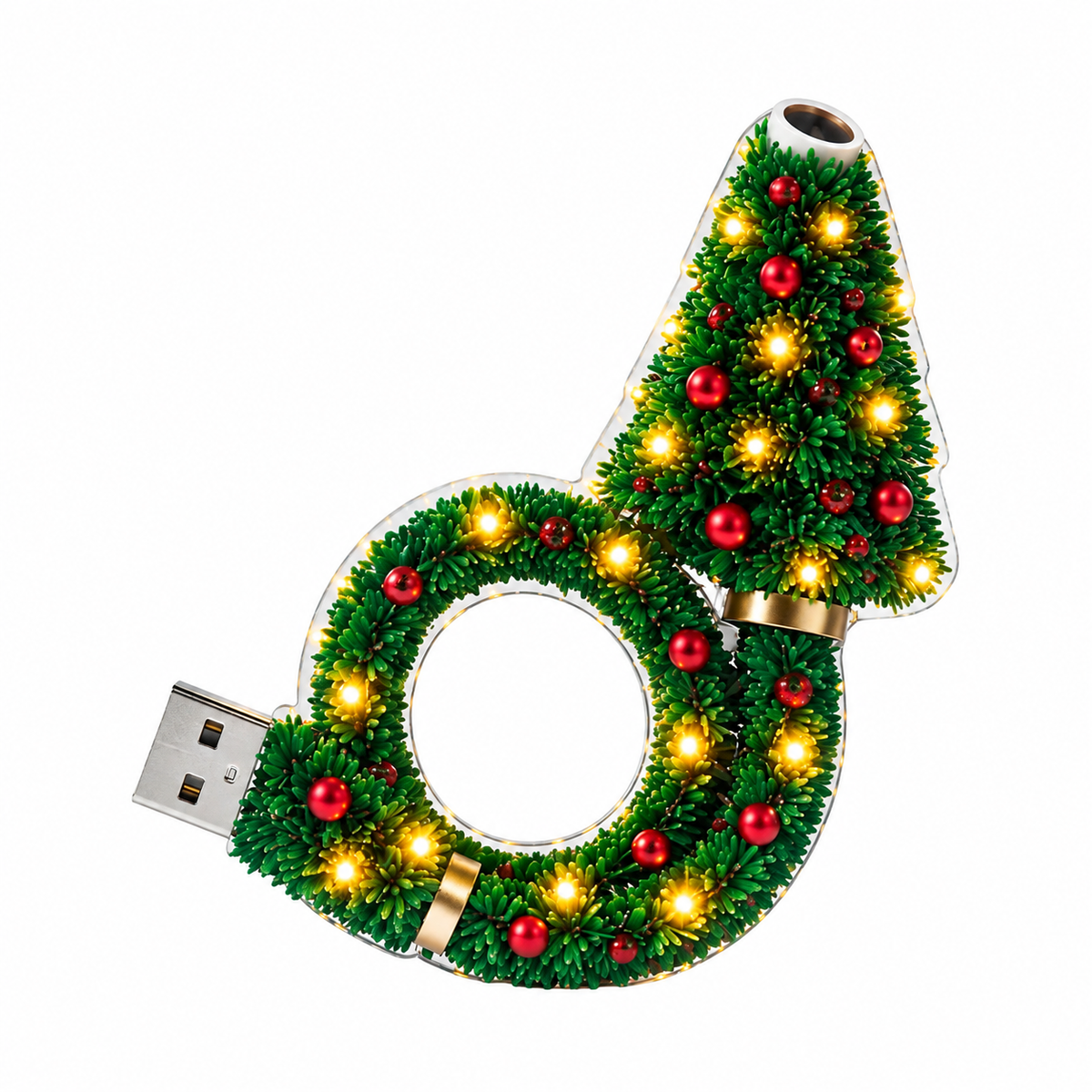 Green Christmas tree and wreath USB projection light with red berries, warm LEDs and a USB plug